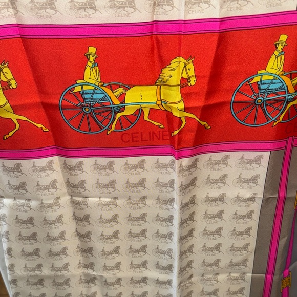Celine Gray and Red Equestrian Silk Scarf - Picture 3 of 6